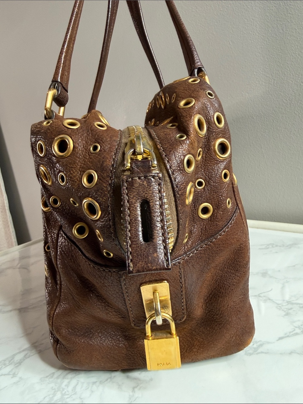 Prada Dark Brown Leather Grommet Satchel with Gold Hardware - Picture 4 of 12